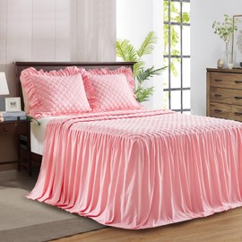 Ruffle Skirt Bedspread Set - 30" Long Drop - Vintage Chic Ruffled Summer Coverlet Bed Spreads Quilt Boho Bedding Farmhouse Style Lightweight Luxurious Rustic 2 Piece Set Twin Size Pink