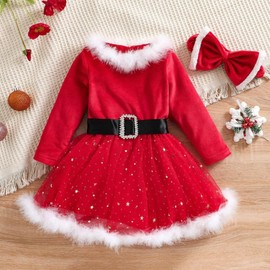 MISOAMISO Kids Girls Christmas Santa Dress, Children One-Piece Santa Costume, Red, Formal, Warm Material, Party Performance (Size 140, 2-Piece Set with Headband)
