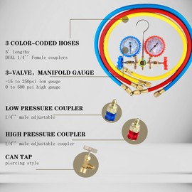 5 Pcs HVAC PR134A Can Tap Freon Recharge Kit 3 Way AC Manifold Gauge Set with 5FT Hoses Couplers & Adapter Automotive AC Gauge Set for R134a R12 R22 R502