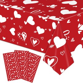 3 Pieces Valentine's Day Red Heart Tablecloth - 54 x 108 Inches Disposable Plastic Table Cover with Hearts and Arrows for Weddings, Bridal Showers, Engagement Party Supplies, and Romantic Decorations