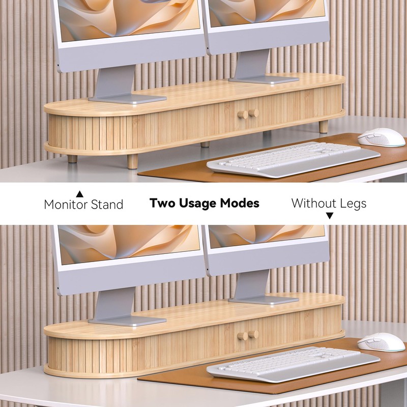 WELL WENG Bamboo Dual Monitor Stand with Storage, Curved Double