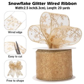 Gold Sheer Organza Wired Ribbon with Gold Glitter Snowflake Pattern, 2.5 Inch x 20 Yards Snowflake Glitter Ribbon for Christmas Tree, Gift Wrapping, Crafts, Bows Making, Floral, Garlands