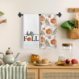 BitKAM Fall Pumpkin Kitchen Towels, Rustic Farmhouse Cozy Autumn Pumpkin Botanical Dish Tea Towels for Kitchen, Fall Autumn Decorative Hand Towels for Bathroom Decor, 16x24 Inch Set of 2