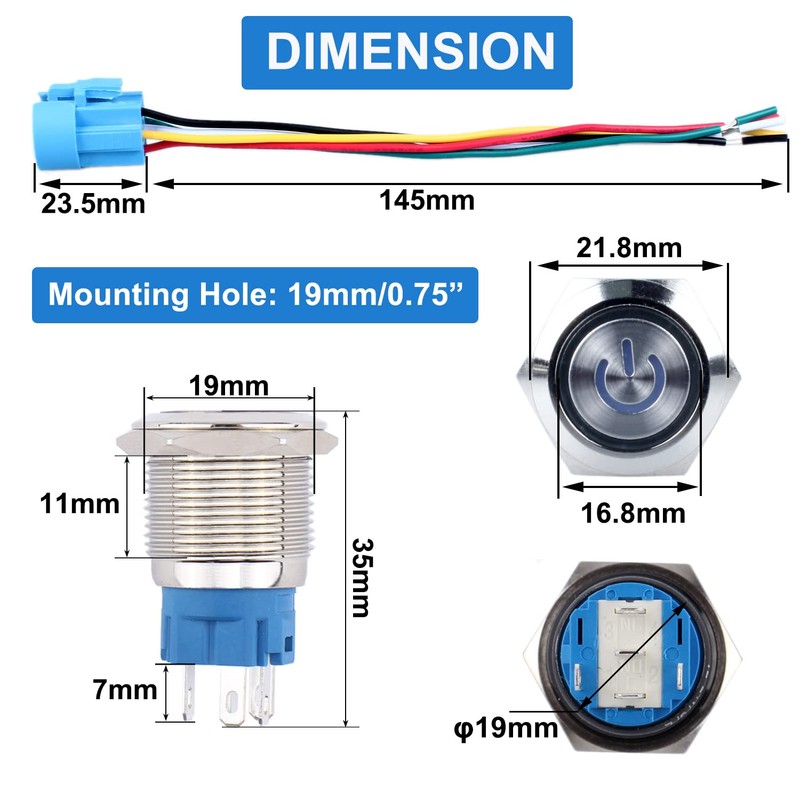DMWD 5Pcs 19mm Metal Latching Push Button Switch Waterproof 12V-24V