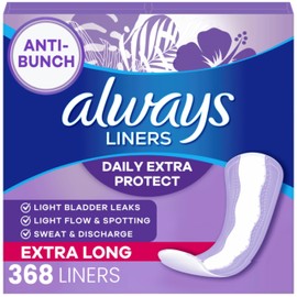 Always Daily Extra Protect Liners, Extra Long Length, Unscented Panty Liners, 368 Count (4 Packs of 92)