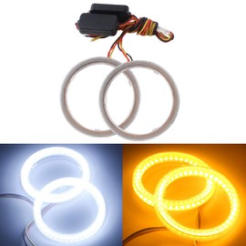 YongMing Squid Ring LED Headlight 80MM 4014 102 Rows Double Sided Tape Cover White + Amber, 2 Colors Switching, DC 12V 2 Pieces