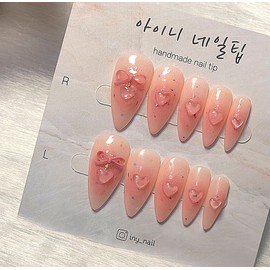 [In-Store Special Discount]Pink Heart Peach Cheek Handmade Nail Tips - Stiletto / [입점초특가할인]핑크 하트 복숭아 치크 수제네일팁 - 스틸레토