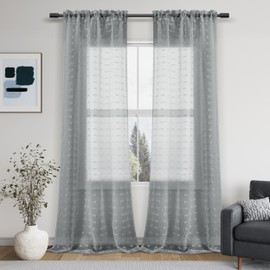 Guken Sheer Curtains 96 Inch Length 2 Panels Sets for Living Room Bedroom 52 Inch Width Farmhouse Boho Drapes Light Filtering Pom Pom Curtains Tufted Semi Sheer Kids Rod Pocket,Grey,W52xL96