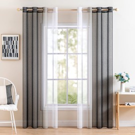 MIULEE Set of 2 Voile Curtains, Two-Tone Curtains with Eyelets, Transparent Curtains, Window Curtains, Translucent, for Bedroom, 140 x 225 cm, Black