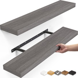BAYKA Floating Shelves, 22.5" Wall Mounted Wood Shelves for Bathroom, Bedroom, Living Room, Kitchen, Hanging Shelf for Books/Storage/Decor (Grey,Set of 2)