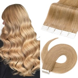 TESS Tape Extensions Real Hair #27 Honey Blonde 50 cm Real Hair Extensions 20 Pieces Straight Remy Tape-In Hair Extensions for Hair Thickening (20 Wefts #27 (Honey Blonde)