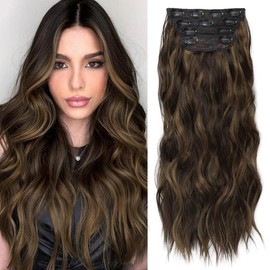 KooKaStyle Clip in Synthetic Hair Extensions Long Wavy 4PCS Thick Hairpieces to Chestnut Fiber Double Weft Natural Hair Extensions for Women:_Balayage Dark Brown to Chestnut_20inch