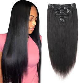 Straight Clip-In Real Hair Extensions, 8 Pieces, 120 g, Invisible Real Hair Wig Extensions, Clip-In Natural Black Clip Ins for Black Women, 22 Inches, 18 Clips