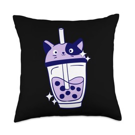 Ube Boba Cat Bubble Tea Purple Yam Cute Boba Cat Throw Pillow