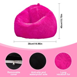 Hot Pink fluffy bean bag chair covers (No Filler), comfy Plush Hot Pink bean bag chair Cover for bedroom, stuffed animal Storage, kids adults teens girls bean bag chairs, Anti-Slip
