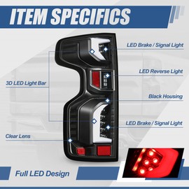 Auto Dynasty Rear Red LED DRL Tail Lights Brake Lamps with Reverse Lights Compatible with Chevy Silverado 1500 WT LT LTD 2019-2024, Driver and Passenger Side, Black Housing Clear Lens