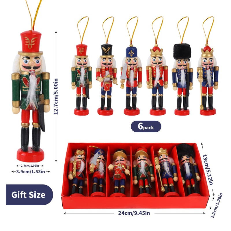 6 Pcs Christmas Wooden Nutcracker Ornaments,12cm Minifigures Soldier Nutcracker Puppet,Wooden