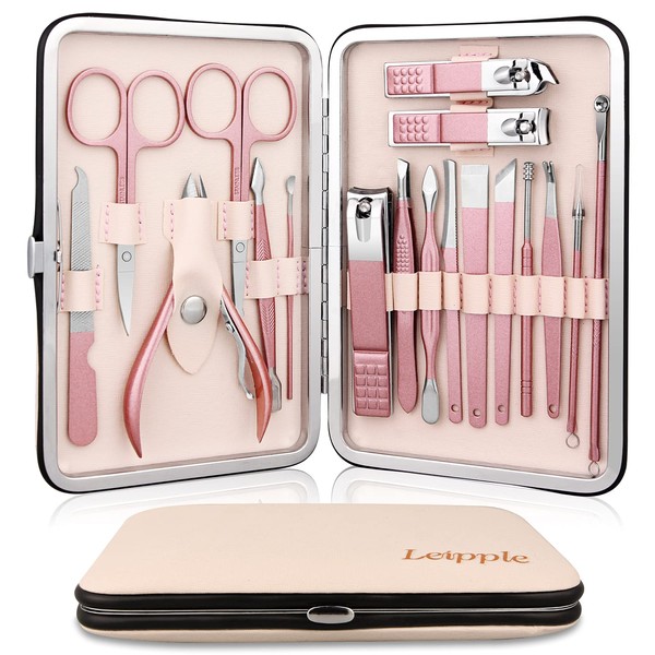 Manicure Set Professional Pedicure Kit Nail Clippers Kit - 18 pcs Nail Care Tools - Grooming Kit with Luxurious Upgraded Travel Case (Beige/Pink)