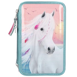 Depesche 11437 Miss Melody Filled 3-Compartment Pencil Case with Dreamlike Horse Motif, Turquoise Pencil Case Approx. 7.5 x 13 x 20 cm, with Felt and Coloured Pencils, Ruler, Scissors, Glue, etc.