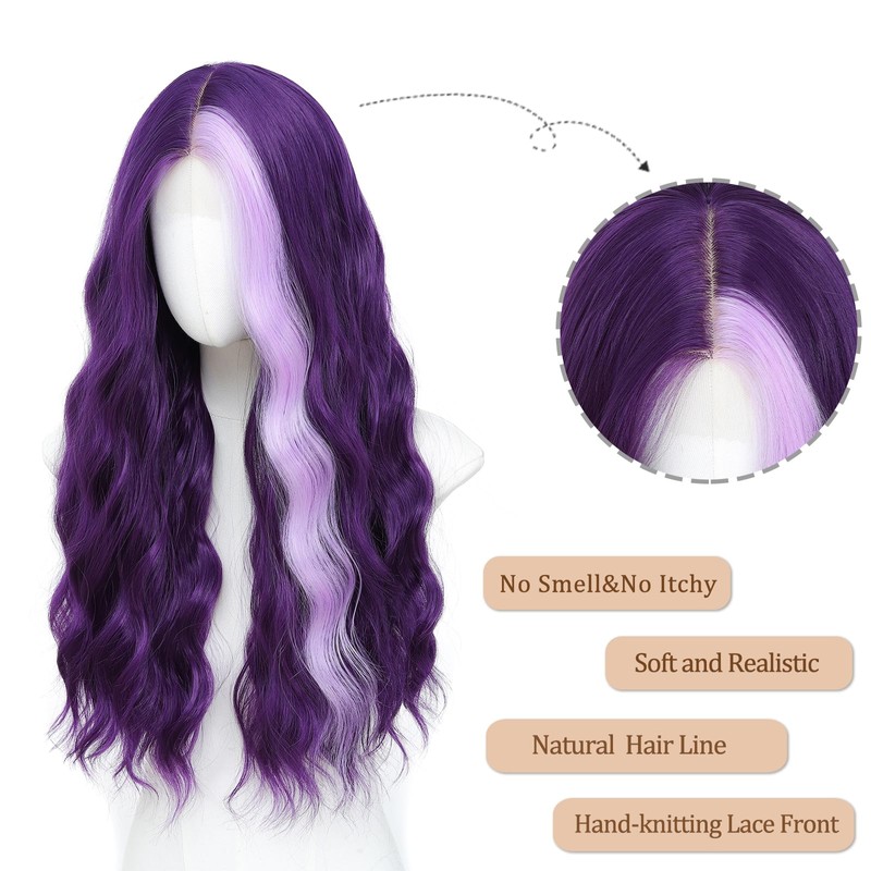 Dark Purple Highlight Wig Long Wavy 26 Inch Middle Part