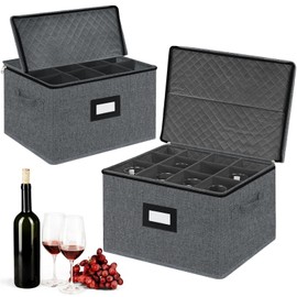 VERONLY 2 Pack Stemware and Glassware Storage Cases - Hard Shell Protection with Dividers for 24 Glasses, Stackable Moving Storage Container with Label & Handles - Crystal Glass - Dark Gray