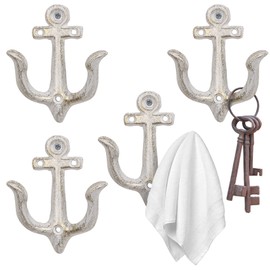 XINGYAN Vintage Rustic Cast Iron Nautical Sea Anchor Design Wall Hooks,Home Coat Rack,Decorative Wall Mounted Antique Shabby Chic Metal Bathroom Towel,Coat Hooks,Hanger,Screws Inside (Beige[4pcs])