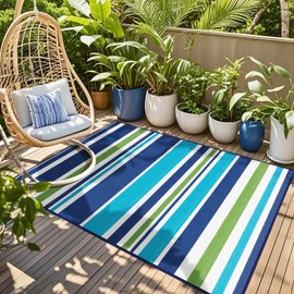 Outdoor Patio Plastic Rug Waterproof - Outdoor Rugs for Camper Outside, Rv, Porch Deck Rug Clearance, Area Carpet for Outside, Balcony, Patio Decor, Blue & Green, 4x6 ft