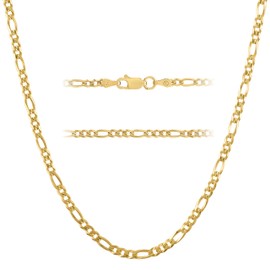 KISPER Solid 925 Sterling Silver 18K Gold Plated Italian 3mm Solid Diamond-Cut Flat Figaro Link Chain Necklace - for Men & Women with Lobster Clasp - Made in Italy (18k Gold, 22 inches (men's standard length))