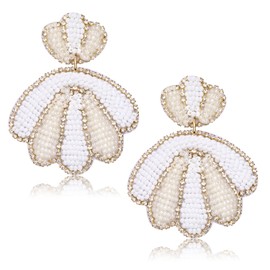 Summer Beach Earrings for Women Rhinestone Trimmed Beaded Shell Drop Dangle Earrings Bohemia Hawaii Tropical Vacation Jewelry Gifts (White)