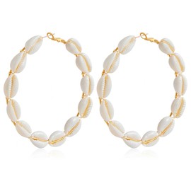Natural Cowrie Shell Hoop Earring for Women White Shell Drop Dangle Earrings Bohemian Style Shell Earrings Ocean Theme Summer Earrings Beach Conch Shell Dangle Earrings Jewelry (White)