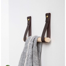 KEYAIIRA - Hand Towel Holder Bathroom Kitchen, Kit Includes Leather Strap Hooks, Wooden Dowel Rail, Gold/Brass Hardware, Simple Minimal design