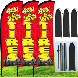 Buryeah 3 Sets Tires Shop Feather Flags with Poles 7ft New and Use Tires Flags for Businesses Outdoor Advertising Banner Sign to Sale Tyre Signs Supplies(Red)