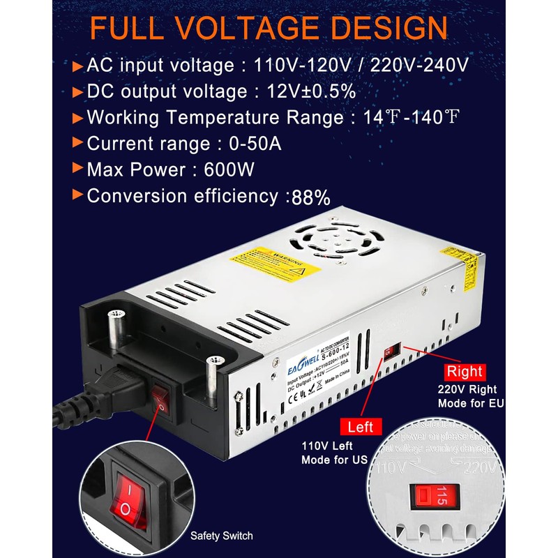 EAGWELL AC to DC Converter 12V Power Supply, Universal SMPS