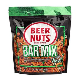 BEER NUTS Bar Mix with Wasabi - 32 oz Resealable Bag, Original Peanuts, Wasabi Peas, Hot & Spicy Sesame Sticks, Pretzel Niblets