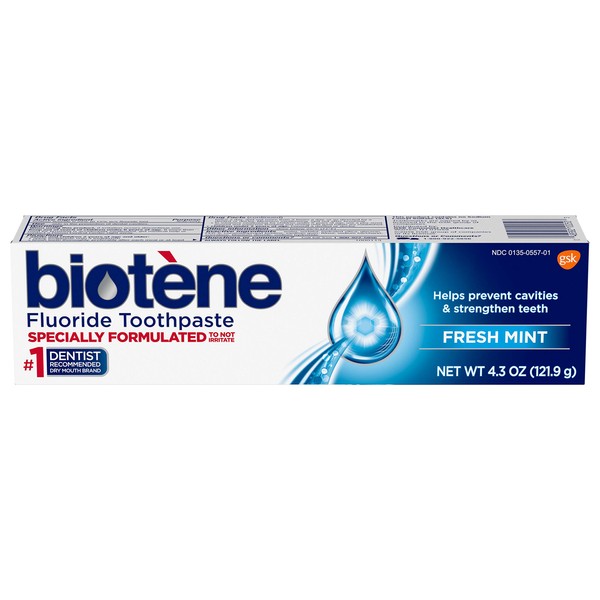Biotene Fluoride Toothpaste for Dry Mouth Symptoms, Bad Breath Treatment and Cavity Prevention, Mint, Fresh Mint, 4.3 Ounc9e