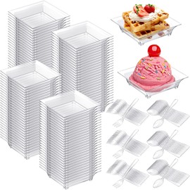 Meanplan 300 Pack Mini Appetizer Plates Clear Mini Dessert Plates Disposable Square Appetizer Plates with 150 Plastic Forks 150 Plastic Spoons for Wedding Party Supply