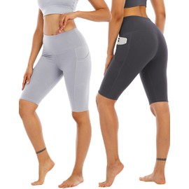 WHOUARE - Paquete de 4 pantalones cortos de yoga para motociclista con bolsillos para mujer, cintura alta, atlética, correr, entrenamiento, gimnasio, control de abdomen, 4 paquetes # Negro, Negro,