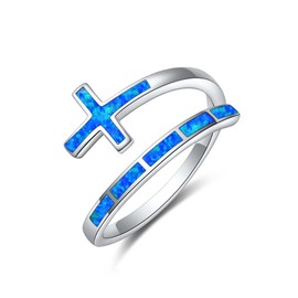 CUPENDA Cross Rings Sterling Silver Blue Opal Wrap Rings Adjustable Open Purity Ring for Women Jewellery Gifts for Girls