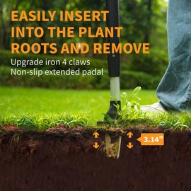 FGstyle Weed Puller Tool, Gardening Stand-Up Weeder Puller with Ergonomic 39.5" Long Handle and 4 High-Strength Stainless Steel Claws, Easily Weeds Without Bending, Pulling, or Kneeling（Black）