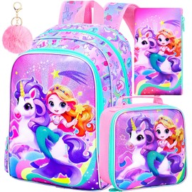 KLFVB 3PCS Girls Mermaid Backpack, Water Resistant Kids Unicorn Bookbag with Lunch Box, 16" Preschool Backpacks for Elementary