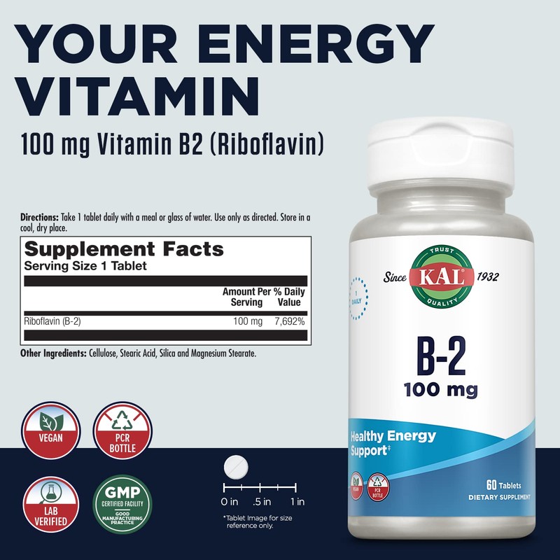 KAL Vitamin B2 100mg, Riboflavin B2, Healthy Energy and Metabolism