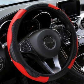 DBYUME Leather Car Steering Wheel Cover for Men Women, Breathable, Non-Slip, Universal 15 Inch Microfiber Elastic Steering Wheel Protector for Most Cars (Red)
