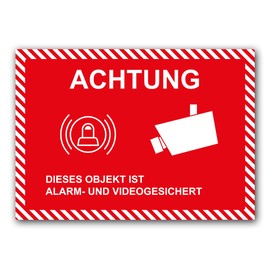 Pack of 10 Premium Stickers "Achtung dieses Objekt ist Alarm und Videogesichert" [German Language] A4 21 x 29.7 cm Sticker with UV Protection for Outdoor and Indoor Use