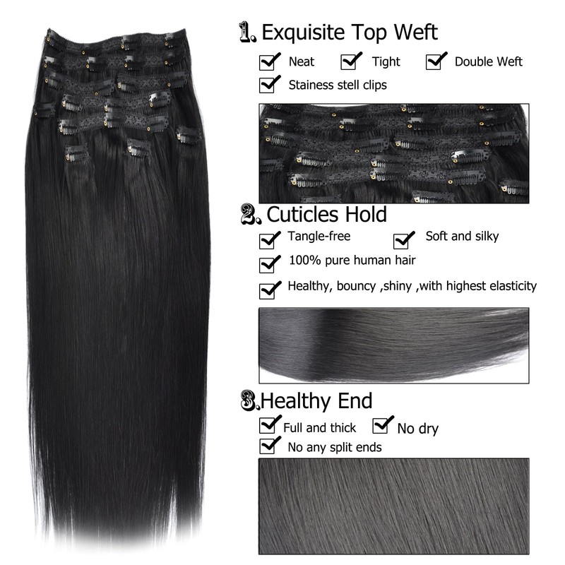 35 cm-55cm Clip-In Hair Extensions, 100 % Remy Real Human