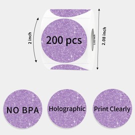 STARLIBOO 2 Inch Round Holographic Thermal Label Stickers, Glitter Purple Circle Thermal Printer Sticker Labels, Self-Adhesive Direct Labels for Gift Wrapping
