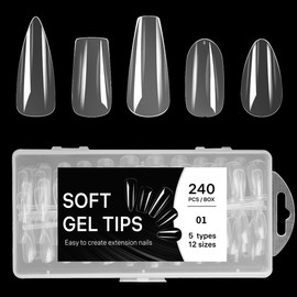 240 Stück Gelnägel Nagelspitzen, Full Cover Nail Tips Set, 5 Tipos de Nail Art, 12 Größen Künstliche Nägel Nageltips für Gelnägel, Nail Art DIY, Soft Gel Tips Set, Almond Tips