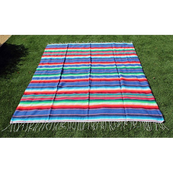 Mexican blanket vintage style aztec blue large native serape saltillo navajo rv.