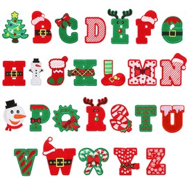URROMA 26PCS Christmas Embroidered Iron on Patches, A-Z Letters Christmas Tree Santa Claus Applique Sew on Cute Patches Jackets Hats Backpacks DIY Accessory