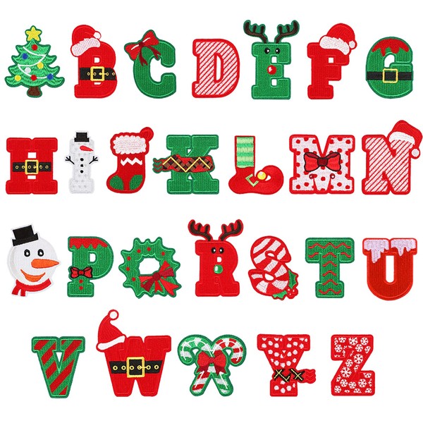 URROMA 26PCS Christmas Embroidered Iron on Patches, A-Z Letters Christmas
