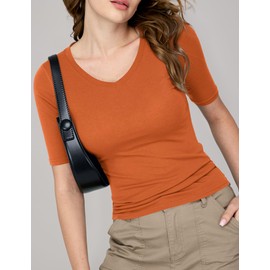 Amoretu Womens Half Sleeve Tops Fitted V Neck 1/2 Sleeve T Shirts, Orange L
